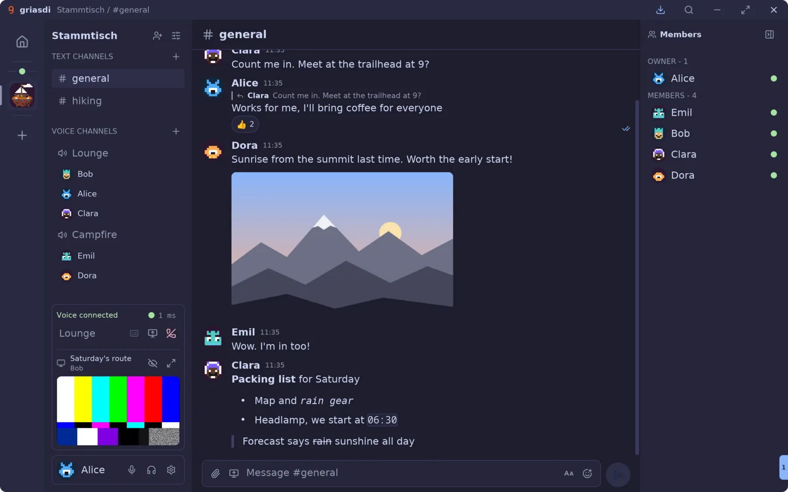 The griasdi app: a community called Stammtisch with people in two voice channels and a live screen share in the call panel, a conversation in #general with a reply, reactions, a photo and Markdown, and the member list.